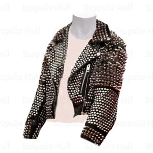 New Women's Black Full Spiked Studded Brando Punk Unique Real Leather Jacket-443 - Picture 1 of 3