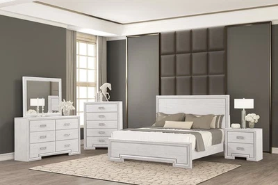 Transitional Style Eastern King 4pc Bed Set Rustic White Finish Bedroom - Image 1 of 4
