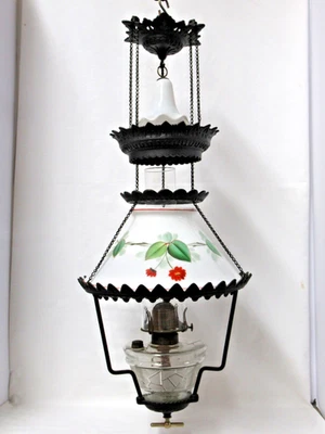 LÁMPARA DE ACEITE VICTORIANA COLGANTE HIERRO CABALLO, FUENTE, CAMPANA DE HUMO, PANTALLA INCLINADA HP COMPLETA Foto 1 de 4