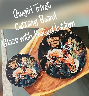 Set Of (two) Vintage, western cowgirl Kitchen Cutting Board 12”, Trivet 8”. - Image 1 of 2