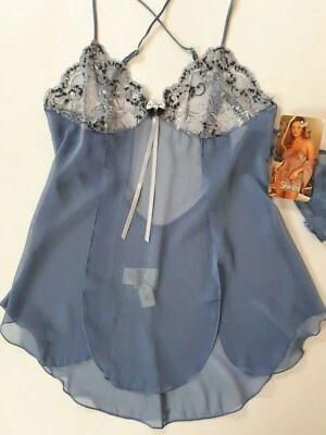 Shirley of Hollywood Size M Sheer Blue Chiffon Babydoll Nightie & Thong - Image 1 of 4