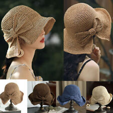 Women Vintage Fashion Folding Straw Bucket Hat Braid Summer Beach Sun Hat Bow