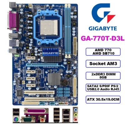 GIGABYTE GA-770T-D3L Motherboard ATX AMD 770/SB710 AM3 DDR3 8GB SATA2 S/PDIF+I/O - Image 1 of 4