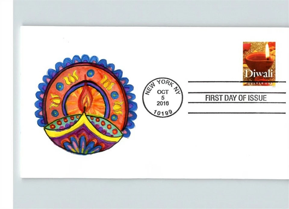 NEW! Hand Painted INDIAN CELEBRATION, Diwali, 2016 First Day of Issue, # 1 of 1  - Image 1 of 1