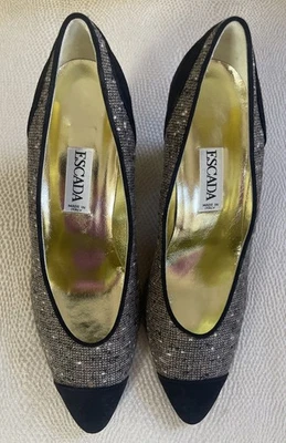 ESCADA NEW VTG BLACK TWEED SUEDE PUMPS SIZE 8 1/2 B NWOB - Image 1 of 4