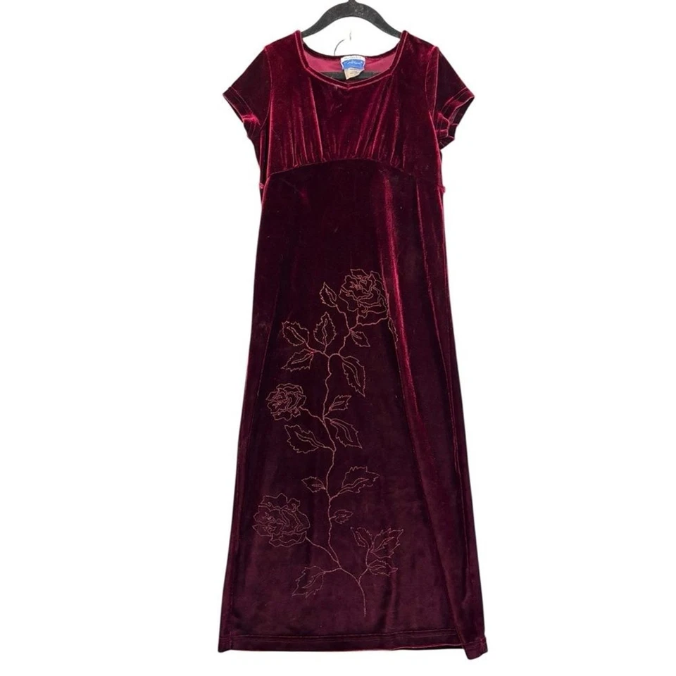 Brooke Lindsay Kids Burgundy Velvet Rose Embroidered Maxi Fairy Dress VTG sz 8 - Image 1 of 4