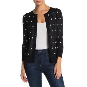 Halogen Crewneck Front Button Cardigan Sweater Small Black WHITE POLKA DOT - Picture 1 of 6