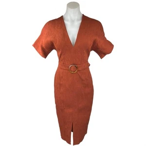 NEW ASOS Brown V-neck Short Sleeve Belted Knee Length Midi Pencil Sheath Dress 0 - Picture 1 of 5