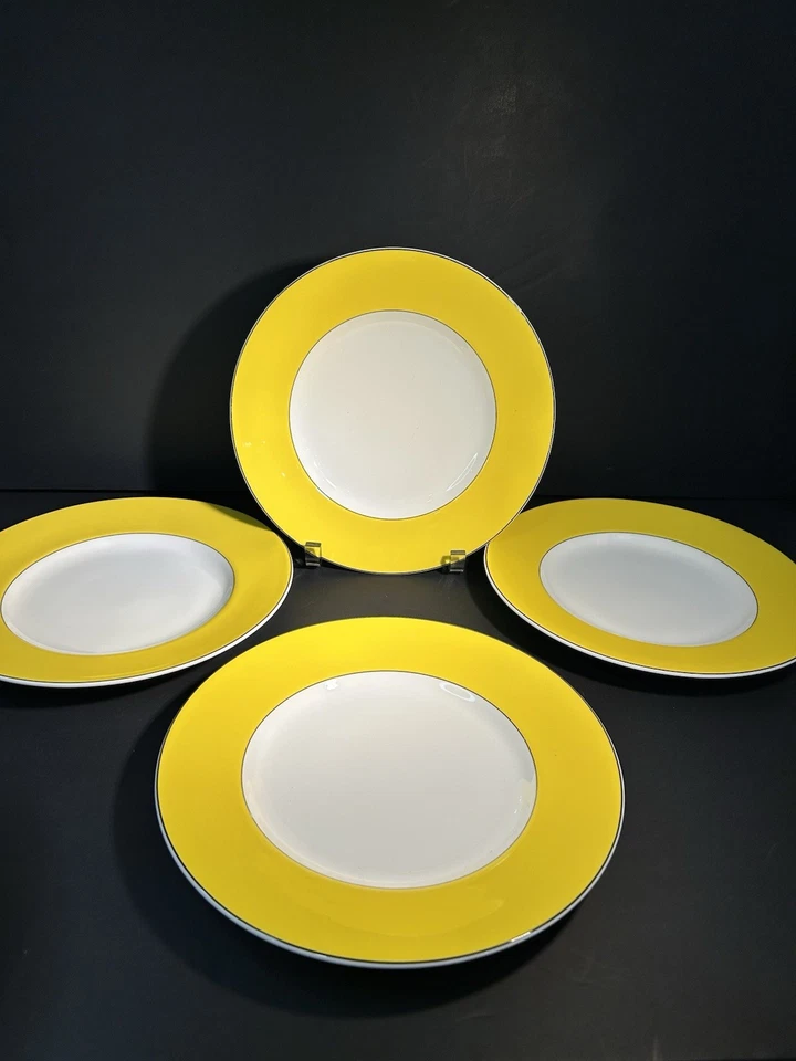 4 Kate Spade Lenox Rutherford Circle Yellow China Dinner Plates Preppy Gold Rim - Image 1 of 4