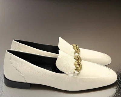 MOCASÍN TORY BURCH JESSA LOGOTIPO ECUESTRE CUERO NUEVO CREMA/ORO TALLA US 10 NUEVO EN CAJA Foto 1 de 4