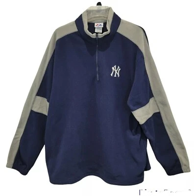 Majestic NY Yankees Hombres Sudadera XL Azul Gris Pullover MLB Manga Larga 1/4 Cremallera Foto 1 de 4