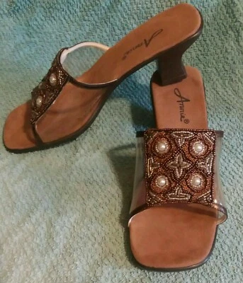 Annie Sandals Brown Bead & Jeweled Accents Kitten Heel Size 9M EUC - image 1 of 4