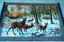 Vintage Italian Velvet Tapestry Rug Wall Hanging Deer Doe Fawn Fringe 48.5 x 79