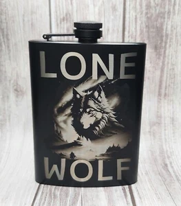 Lone Wolf Design - Black Stainless Hip Flask 8 oz.   - Picture 1 of 5