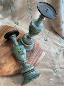 11.5" Tall Pair Turned Wood Painted Floral Pillar Candle Holders - Picture 1 of 10