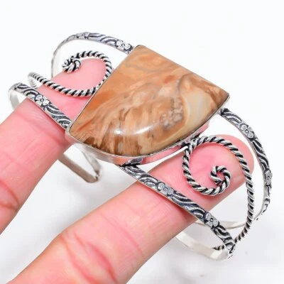 Brazalete ajustable de plata de ley 925 con piedras preciosas de jaspe riolita s308 Foto 1 de 4