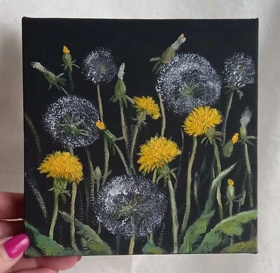 Pintura al óleo original paisaje flores dientes de león pequeño arte de pared 6 x 6 pulgadas Foto 1 de 4