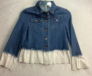 NWT NY Collection Denim & Eyelet Lace Trim Jacket Size Small flap pockets boho - Picture 1 of 13
