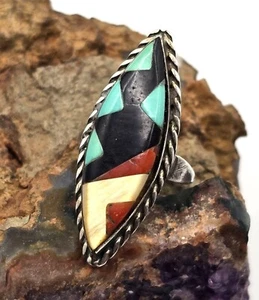 Vintage Indianer Sterlingsilber Multi-Stein-Inlay Ring Größe 6,5 Zuni Stamm - Bild 1 von 11