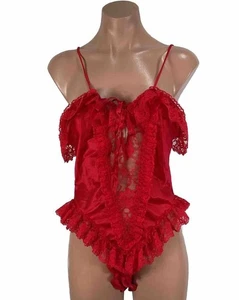 VTG Delicates Satin Teddy Womens M Lingerie Red Frilly Lace Sexy See-Through - Picture 1 of 7