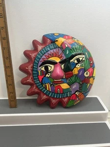 Mexican Sun Moon Face Eclipse Folk Art Talavera Pottery Hand Painted 8 1/2" - Picture 1 of 6