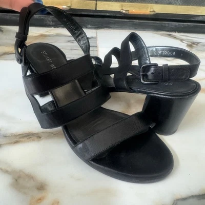 Stuart Weitzman Milanese Black Leather Strappy Block Heel Sandals Shoes Size 9 - Image 1 of 4