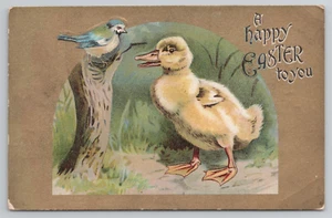 Duck Talking with Blue Bird Sitting on a Stump Antique Happy Easter Postcard - Picture 1 of 4