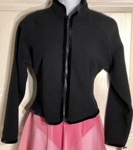 GK FITTED ICE SKATE JACKET ADULT LARGE BLACK FLEECE VELVT TRIM ZIP WARM UP SZ L - Picture 1 of 11