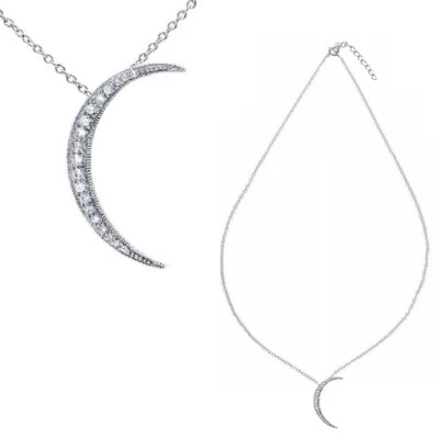 Argento Sterling Collana Con / Pietre Zirconi Cubici Crescent Luna Ciondolo - Immagine 1 di 4