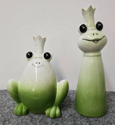 2er Set Dekofiguren von Gilde Frosch Froschkönig 25cm 19cm Keramik grün lustig - Bild 1 von 4