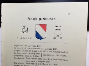 Turnerschaft Zaringia zu Karlsruhe - um 1914 / Seite mit Farbschild Studentika - Bild 1 von 1