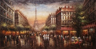 Eiffel Tower Street #ES-4B1, 36x72- 100% Hand painted Oil Painting on Canvas - Image 1 of 4