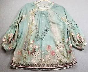 NEW FLAMINGALS Button Up Shirt Women’s Large L Floral ¾ Sleeve Stretch Spring - Picture 1 of 13