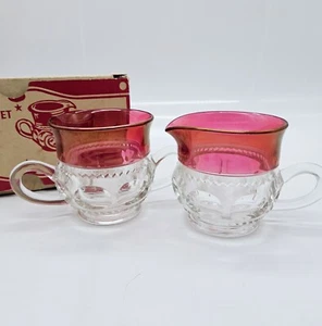 Colony Kings Crown Thumbprint Glass Sugar & Creamer Set Ruby Red in Box - Picture 1 of 9
