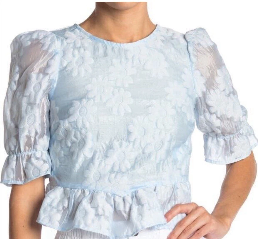 Camisa TOPSHOP Mujer 8 Texturizada Bebé Azul Floral Manga Abullonada Blusa Semi Transparente Foto 1 de 4