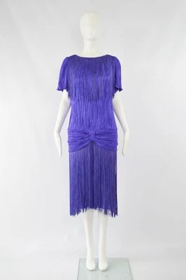 Vestido De Colección Azul Púrpura Fortuny Plisado y Flecos Fiesta Cóctel Años 80 Talla 8 Foto 1 de 4