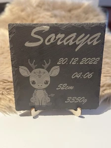 Geburtsgeschenk Taufgeschenk Schieferplatte personalisiert mit Tiermotiv Reh - Bild 1 von 15
