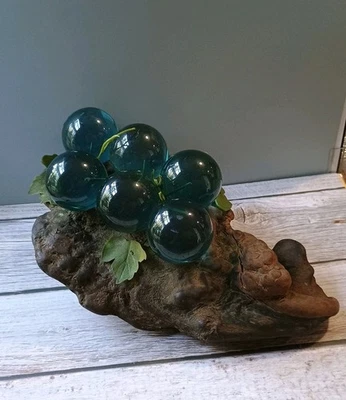 Vintage Lucite Blue Grapes On Burl Wood 6" X  11” Bunch MCM  - Image 1 of 4