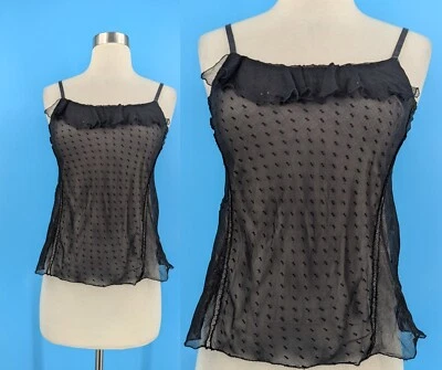 Rozae Nichols Маленькая черная шелковая сетчатая майка с кожаными ремешками - Изображение 1 из 4