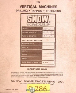 Snow DR-12L, Drill Tap Threading Machines, Operations Electrical & Parts Manual - Picture 1 of 4