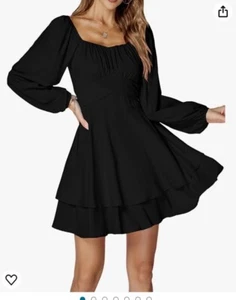 Lyaner Size XXL Black Mini Party Dress Long Sleeve Back Tie Waisted Square Neck - Picture 1 of 11