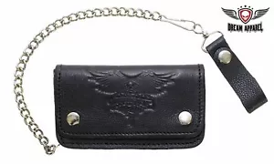 Black Genuine Leather Multi-Pocket Chain Wallet Winged V-Twin Engine Graphic-New - Picture 1 of 9