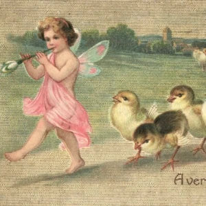 c.1910 Happy Easter Postcard Pied Piper Fairy Marching Chicks in Formation - Picture 1 of 3
