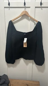 Halogen Women's M Sweater Black Square Neck Puff Sleeve Ribbed Pullover - Picture 1 of 7