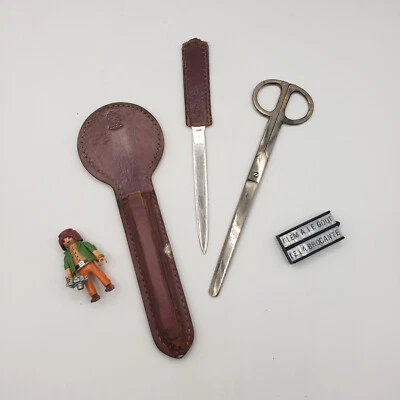 Nécessaire à courrier, ciseau et coupe papier Inox ancien. - Photo 1/4