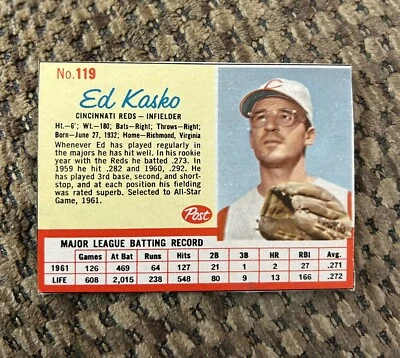 1962 Post Cereal #119 Eddie Kasko EX/EX+ Reds - Image 1 of 2