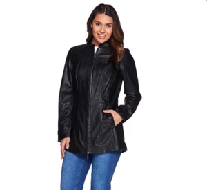 Denim & Co. Black Lamb Leather Stand Collar Jacket with Seam Details,Black,XXS - Picture 1 of 1