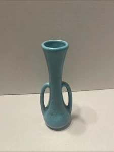 Vintage MCM USA Art Pottery Two Handle Bud Vase Aqua - Picture 1 of 8