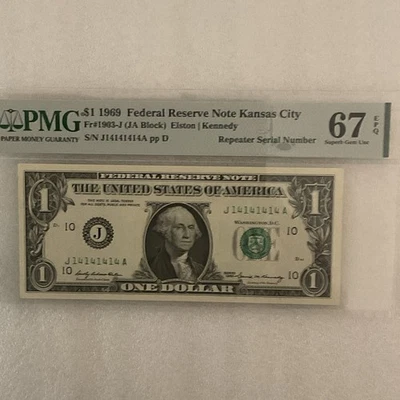 FR#1903-J $1.00 1969 FRN,Super Repeater SER#J14141414A PMG67EPQ - Image 1 of 3