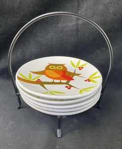 Juego de 5 platos de postre de gres Orange Owl con estante de almacenamiento - Imagen 1 de 4